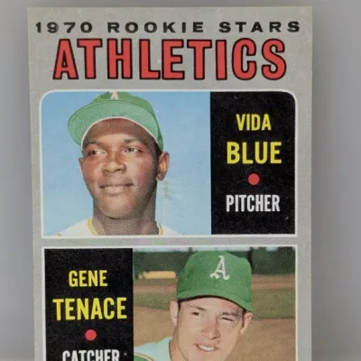 Sale Photo Thumbnail #364: 1970 Topps #21 Oakland Athletics Rookie Stars baseball card featuring Vida Blue and Gene Tenace. The card shows light edge wear and grey borders.