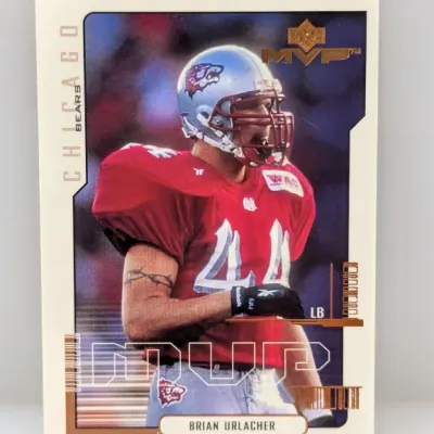 Sale Photo Thumbnail #610: 2000 Upper Deck MVP Brian Urlacher rookie football trading card, featuring him in his New Mexico Lobos college uniform.