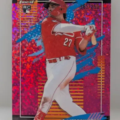 Sale Photo Thumbnail #295: Topps Finest Sal Stewart RC baseball card featuring a pink refractor foil finish, numbered 185/250.
