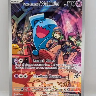 Sale Photo Thumbnail #396: Team Rocket's Wobbuffet full-art promo Pokémon trading card, card number SVP 203, featuring artwork by Saboteri.