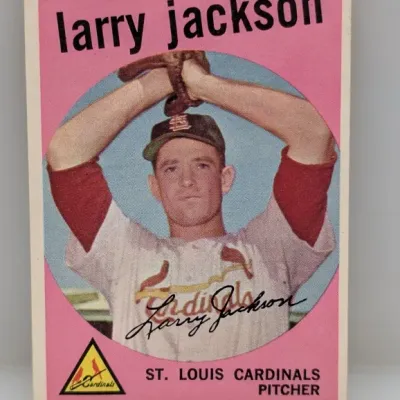 Sale Photo Thumbnail #469: 1959 Topps Larry Jackson baseball card #183, featuring the St. Louis Cardinals pitcher with a facsimile signature.