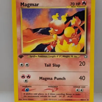 Sale Photo Thumbnail #545: 1st Edition Magmar 40/111 Pokémon trading card from the 2000 Neo Genesis expansion set, illustrated by Naoyo Kimura.