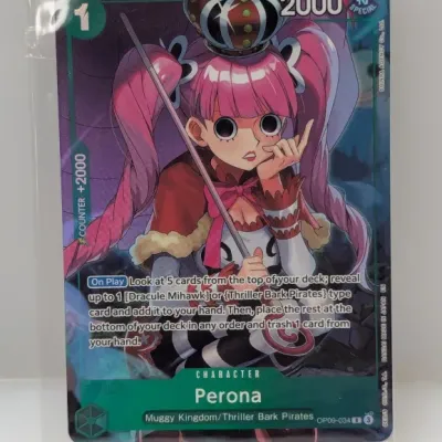 Sale Photo Thumbnail #699: One Piece Card Game Perona character card (OP09-034 R), housed in a protective clear sleeve.