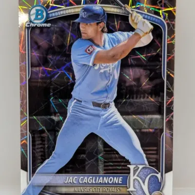 Sale Photo Thumbnail #261: Bowman Chrome Jac Caglianone Kansas City Royals prospects baseball card featuring a geometric refract finish.