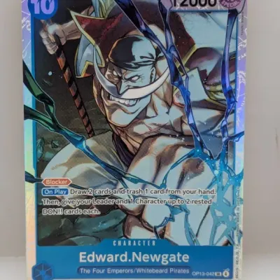 Sale Photo Thumbnail #622: One Piece Card Game Edward Newgate Super Rare parallel art card (OP13-042 SR). Features a full-art holographic finish depicting Whitebeard in excellent condition.