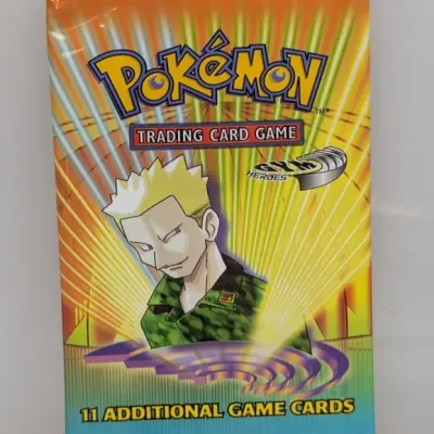 Sale Photo Thumbnail #574: Sealed Pokémon Trading Card Game Gym Heroes booster pack featuring Lt. Surge, released in 2000.
