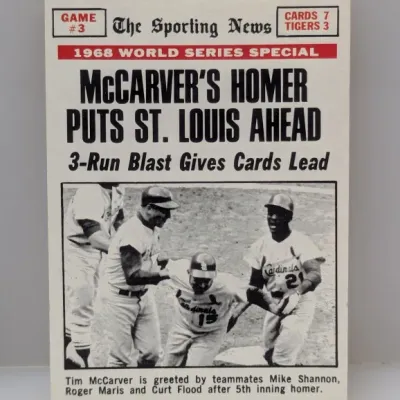 Sale Photo Thumbnail #618: 1969 Topps World Series Special baseball card #164, featuring Tim McCarver's Game 3 homer for the St. Louis Cardinals in 1968.