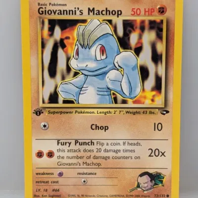 Sale Photo Thumbnail #464: 1st Edition Giovanni's Machop Pokémon trading card, numbered 72/132 from the Gym Challenge set, released by Wizards of the Coast in 2000.