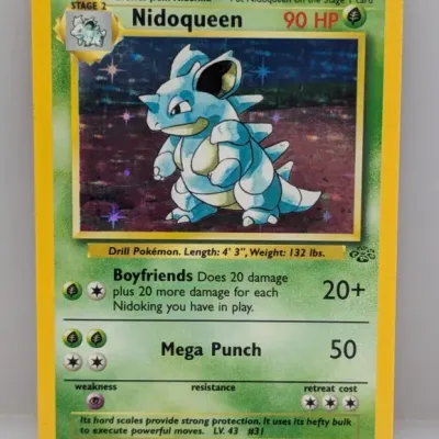 Sale Photo Thumbnail #96: Vintage 1999 Pokémon Jungle Set Nidoqueen holo trading card, number 7/64, featuring artwork by Ken Sugimori.