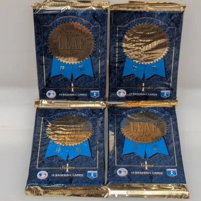 Sale Photo Thumbnail #428: Four unopened foil packs of 1993 Leaf Series 1 Major League Baseball cards.
