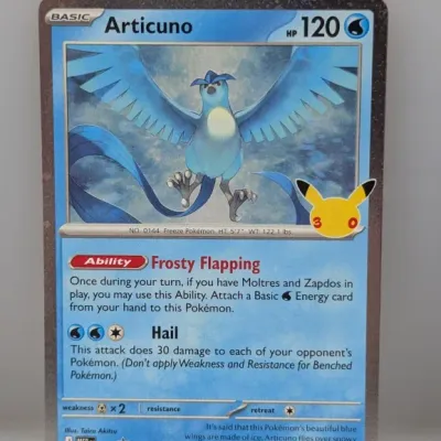 Sale Photo Thumbnail #215: Articuno Pokémon trading card from the 25th Anniversary Celebrations set (025/025), in excellent condition.