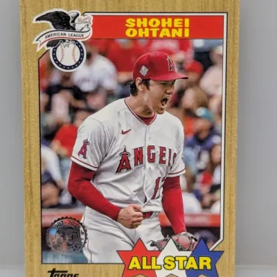 Sale Photo Thumbnail #247: 2022 Topps Shohei Ohtani All-Star baseball card with a woodgrain border, celebrating the 35th anniversary of the 1987 design.
