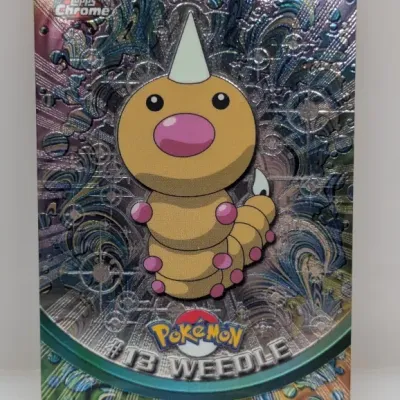 Sale Photo Thumbnail #738: 2000 Topps Chrome Pokémon Series 1 #13 Weedle foil trading card featuring a spectra chrome embossed background pattern.