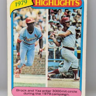 Sale Photo Thumbnail #626: 1980 Topps #1 1979 Highlights baseball trading card featuring Lou Brock and Carl Yastrzemski.