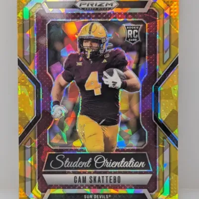 Sale Photo Thumbnail #164: Panini Prizm Draft Picks Student Orientation rookie card featuring Cam Skattebo in his Arizona State Sun Devils uniform, styled in a yellow cracked ice parallel finish.