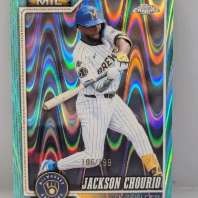 Sale Photo Thumbnail #251: Jackson Chourio Milwaukee Brewers Topps Chrome raywave parallel trading card, numbered 106/199.