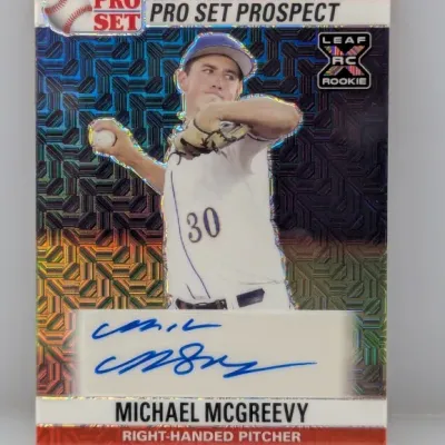 Sale Photo Thumbnail #462: Leaf Pro Set Prospect autographed rookie card featuring right-handed pitcher Michael McGreevy, in excellent condition.