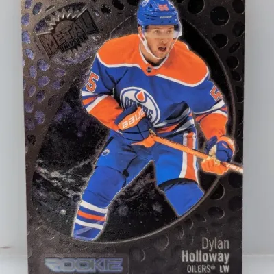 Sale Photo Thumbnail #484: SkyBox Metal Universe Dylan Holloway Edmonton Oilers rookie hockey card featuring a textured dark foil finish.