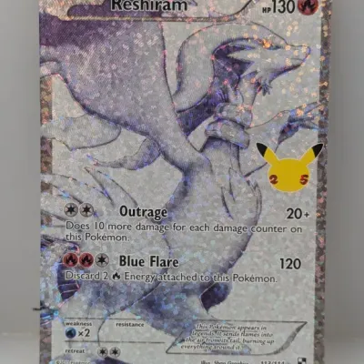 Sale Photo Thumbnail #366: Reshiram full-art holo Pokémon trading card from the 25th Anniversary Celebrations Classic Collection set.