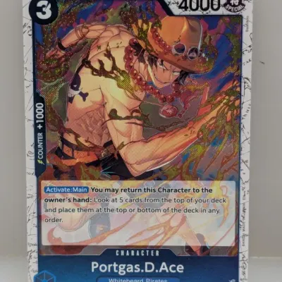 Sale Photo Thumbnail #667: Bandai One Piece Card Game Portgas.D.Ace promotional card (P-074), featuring holographic art in excellent condition.