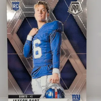 Sale Photo Thumbnail #101: Panini Mosaic Jaxson Dart rookie card, featuring silver refractor foil details and crisp corners.