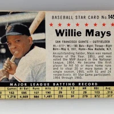 Sale Photo Thumbnail #242: 1961 Post Cereal Willie Mays Baseball Star Card No. 145, showing light edge wear and age toning.