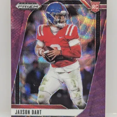 Sale Photo Thumbnail #148: Panini Prizm Draft Picks Jaxson Dart purple wave rookie card depicting the Ole Miss quarterback.