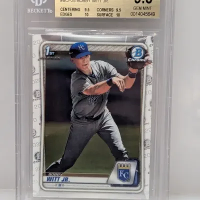 Sale Photo Thumbnail #73: BGS-graded 9.5 Gem Mint 2020 Bowman Chrome Prospects Bobby Witt Jr. 1st Bowman trading card (#BCP25).