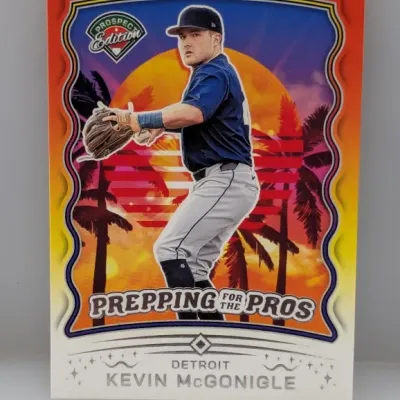 Sale Photo Thumbnail #546: Kevin McGonigle "Prepping for the Pros" Prospect Edition baseball trading card featuring colorful sunset imagery and a vibrant orange border.