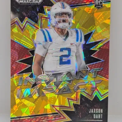 Sale Photo Thumbnail #132: Panini Prizm Draft Picks Instant Impact Jaxson Dart rookie card featuring a vibrant holographic finish.