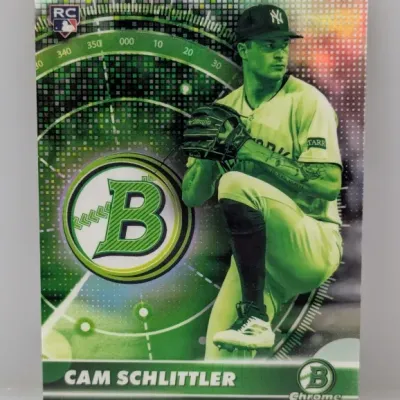 Sale Photo Thumbnail #426: Bowman Chrome 'Under the Radar' Cam Schlittler rookie baseball card in near-mint condition featuring a green refractor background.