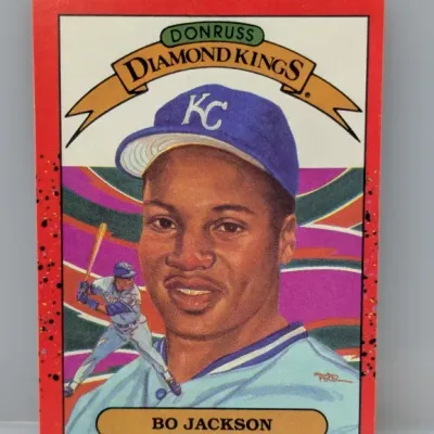 Sale Photo Thumbnail #184: 1990 Donruss Diamond Kings Bo Jackson baseball card #1, featuring artwork by Dick Perez.