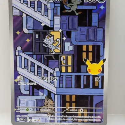 Sale Photo Thumbnail #123: Pokémon Trading Card Game Alolan Meowth full-art promo card, featuring artwork by OKUBO and the 25th anniversary stamp.
