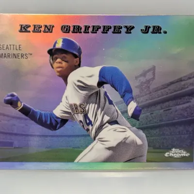 Sale Photo Thumbnail #287: 1997 Topps Chrome Ken Griffey Jr. refractor baseball trading card in excellent condition.
