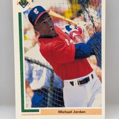 Sale Photo Thumbnail #703: 1991 Upper Deck Michael Jordan baseball card #SP1, featuring Jordan taking batting practice.