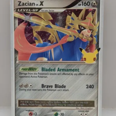Sale Photo Thumbnail #640: Pokémon Trading Card Game Zacian LV.X promo card (SWSH135) from the 25th Anniversary Celebrations series, housed in a clear protective sleeve.