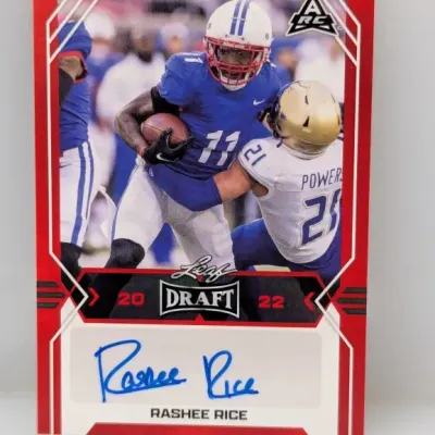 Sale Photo Thumbnail #371: 2022 Leaf Draft Rashee Rice autographed rookie football card in crisp, well-preserved condition.