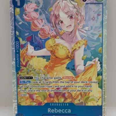 Sale Photo Thumbnail #678: One Piece Card Game Rebecca character card (OP05-053 SR), featuring parallel foil artwork with patterned borders.