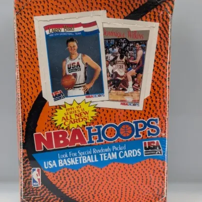 Sale Photo Thumbnail #777: Sealed 1991-92 NBA Hoops Series 2 basketball card wax box featuring Larry Bird and Dominique Wilkins on the cover art.