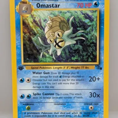 Sale Photo Thumbnail #280: 1st Edition Omastar #40/62 Pokémon trading card from the 1999 Fossil set, illustrated by Ken Sugimori.
