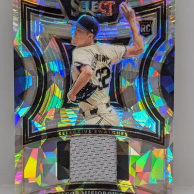 Sale Photo Thumbnail #72: 2023 Panini Select Selective Swatches Jacob Misiorowski rookie relic card featuring a holographic refractor finish.