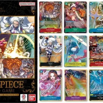 Sale Photo Thumbnail #50: Bandai Namco One Piece Card Game Premium Card Collection -Best Selection Vol. 1- set, featuring its original packaging and twelve full-art promotional cards.