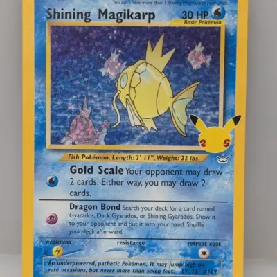 Sale Photo Thumbnail #271: Pokémon TCG Shining Magikarp holographic trading card from the 25th Anniversary Celebrations Classic Collection subset.