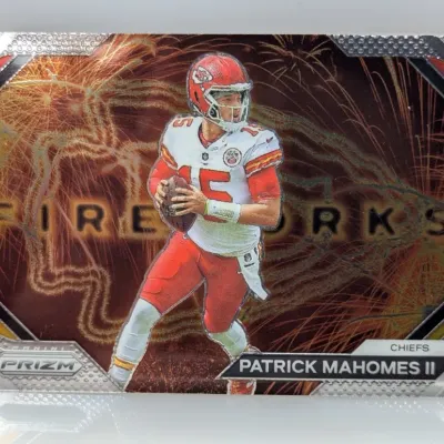 Sale Photo Thumbnail #165: Panini Prizm Patrick Mahomes II 'Fireworks' insert football card featuring a holographic foil design.