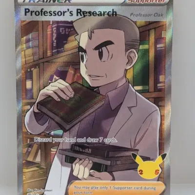 Sale Photo Thumbnail #134: Full-art Professor's Research (Professor Oak) Pokémon trading card from the 25th Anniversary Celebrations expansion, numbered 024/025.