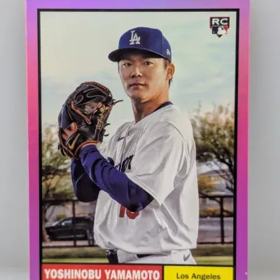 Sale Photo Thumbnail #436: 2024 Topps Heritage Yoshinobu Yamamoto rookie baseball card featuring a pink border parallel.