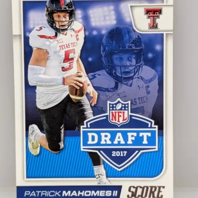 Sale Photo Thumbnail #203: 2017 Panini Score NFL Draft Patrick Mahomes II rookie trading card in good condition, featuring him in his Texas Tech Red Raiders uniform.
