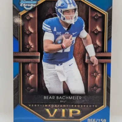 Sale Photo Thumbnail #53: Bowman Chrome University Bear Bachmeier VIP Very Important Prospects trading card, numbered 066/150.