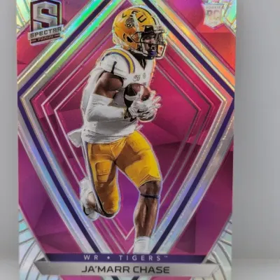 Sale Photo Thumbnail #460: Panini Spectra Ja'Marr Chase LSU Tigers rookie card featuring a pink refractor finish.