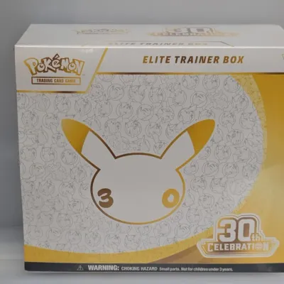 Sale Photo Thumbnail #7: Sealed Pokémon Trading Card Game Celebrations Elite Trainer Box featuring a white and gold Pikachu anniversary design.